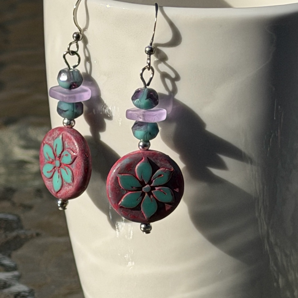 Handcrafted Floral Pink and Turquoise Czech Glass Earrings - Picture 14 of 16